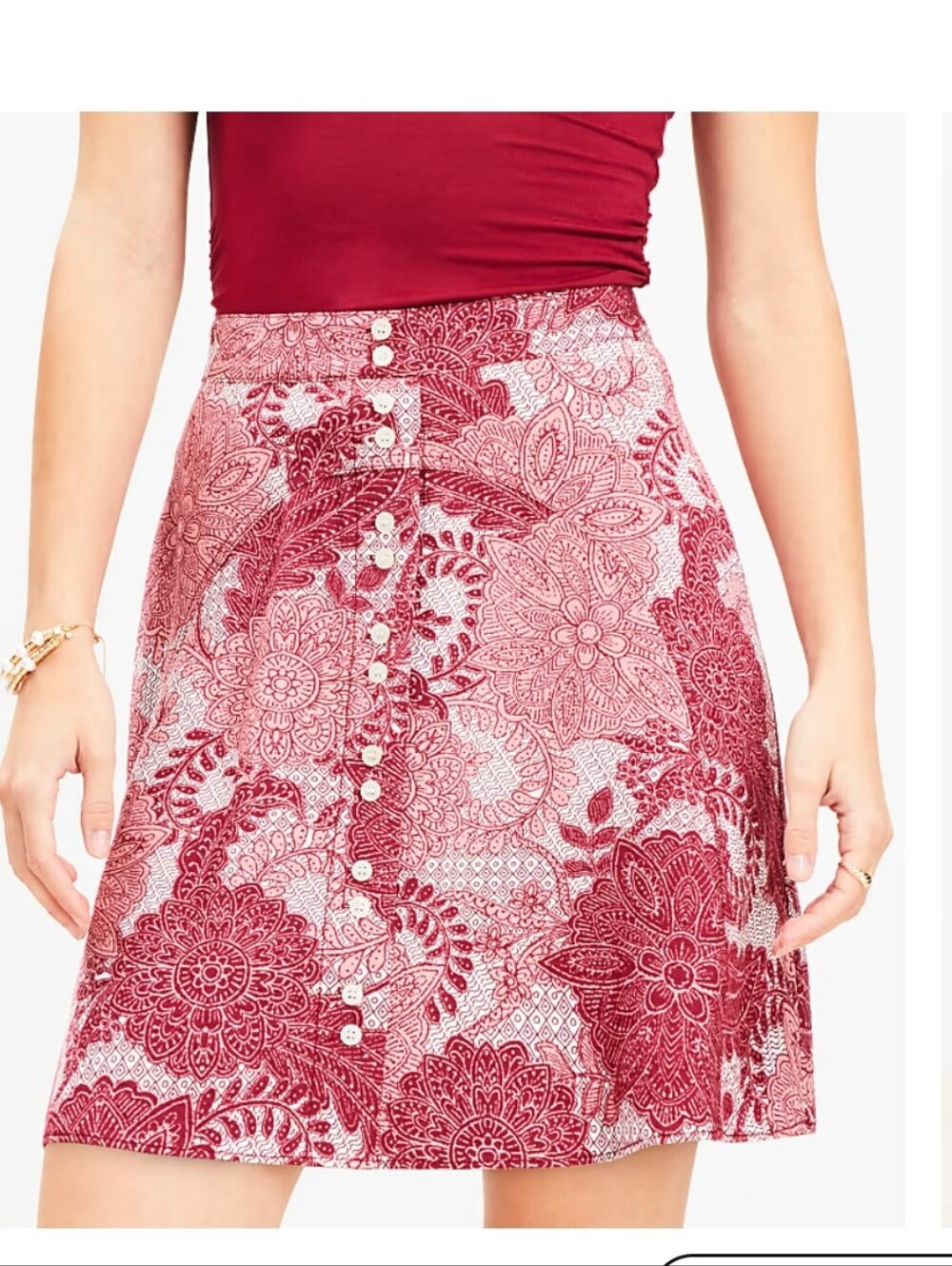 LOFT Pink and Red Floral Button-Front Mini Skirt